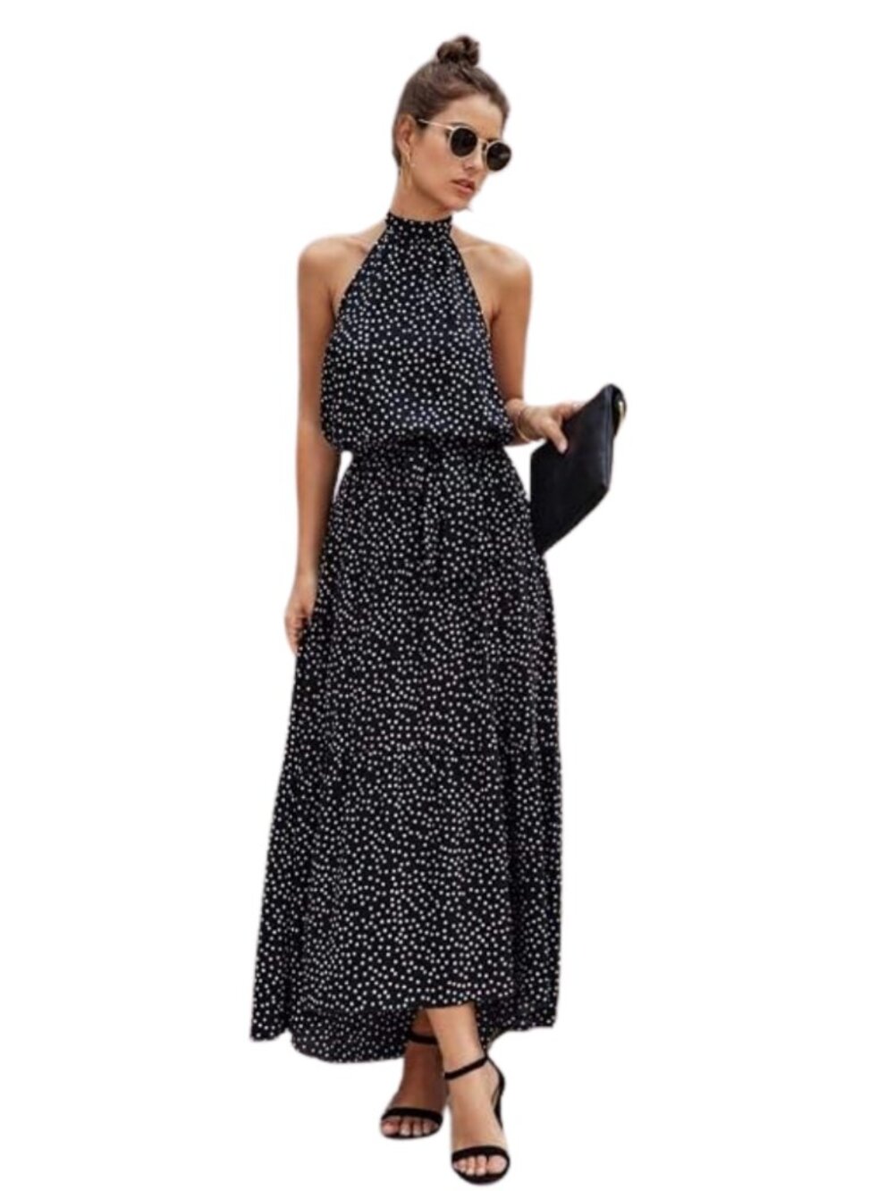Halter Neck Summer Backless Maxi Dress Black and White Polka Dot